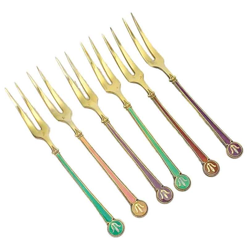 David Anderson Set Of Six Silver And Enamel Cake Forks