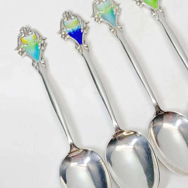 Hallmarked Silver Art Nouveau Enamel Spoons Birmingham 1914