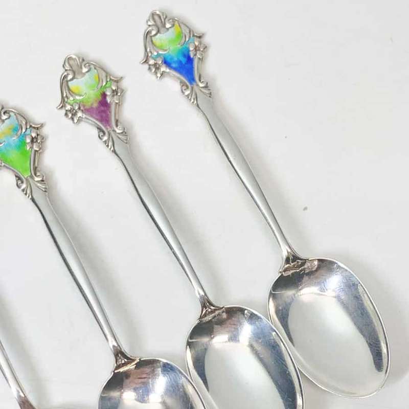 Hallmarked Silver Art Nouveau Enamel Spoons Birmingham 1914