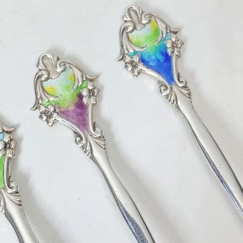 Hallmarked Silver Art Nouveau Enamel Spoons Birmingham 1914