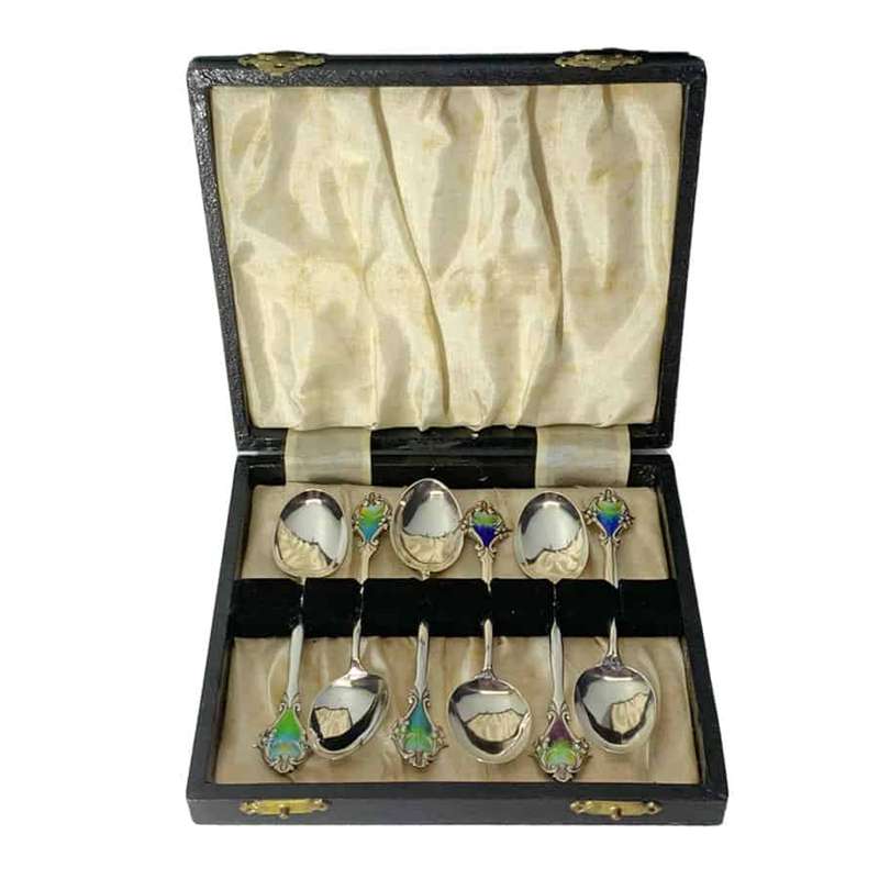 Hallmarked Silver Art Nouveau Enamel Spoons Birmingham 1914