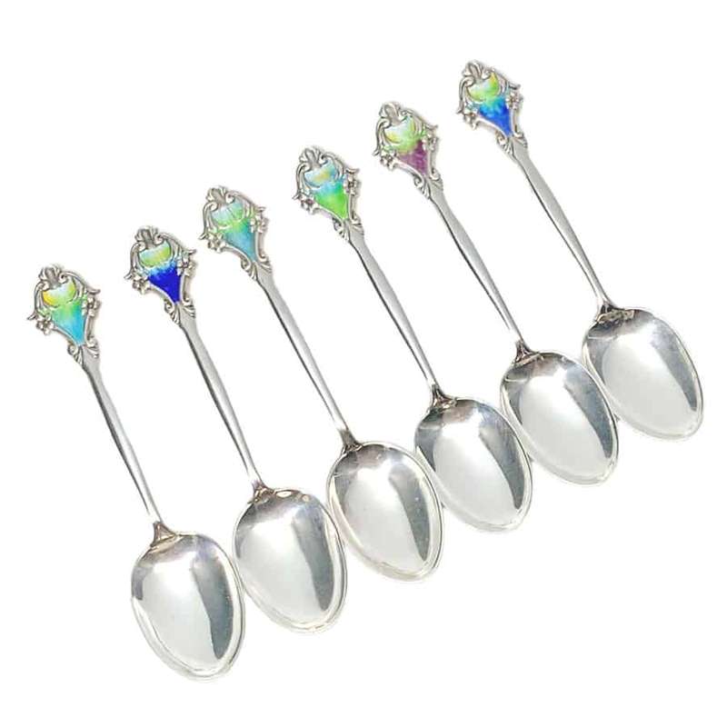 Hallmarked Silver Art Nouveau Enamel Spoons Birmingham 1914