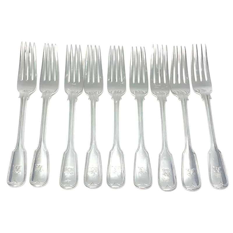 Antique Silver Victorian Fiddle and Thread Service Entree Forks 1865