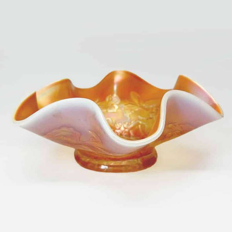 Dugan Diamond Peach Opal Six Petals Carnival Glass Bowl C1920