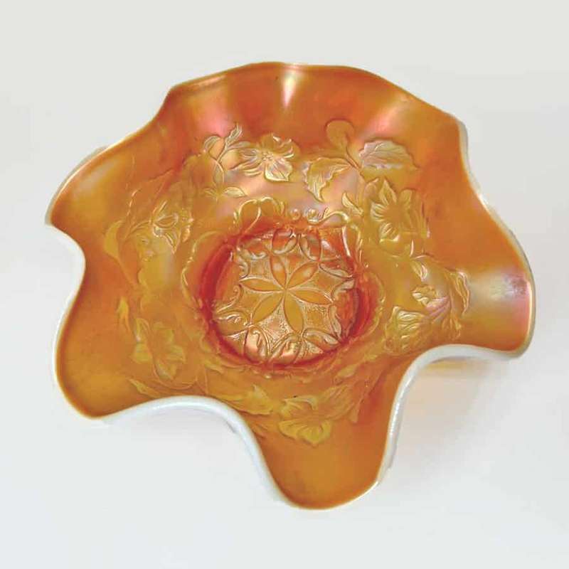 Dugan Diamond Peach Opal Six Petals Carnival Glass Bowl C1920