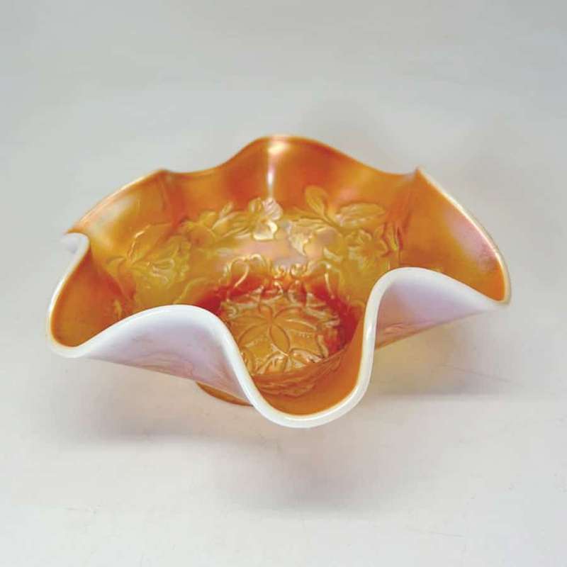 Dugan Diamond Peach Opal Six Petals Carnival Glass Bowl C1920