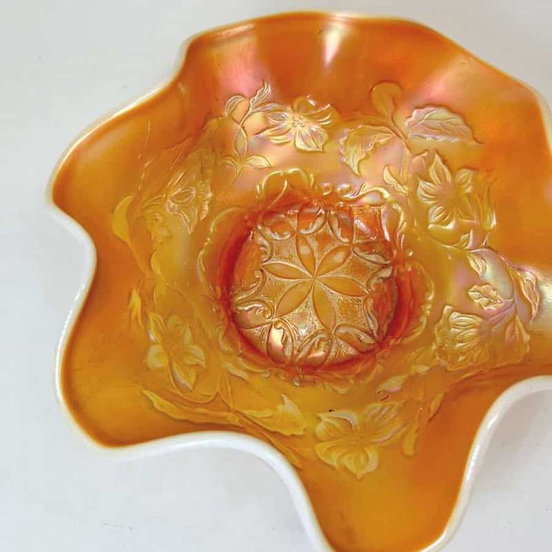 Dugan Diamond Peach Opal Six Petals Carnival Glass Bowl C1920
