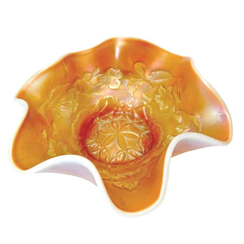 Dugan Diamond Peach Opal Six Petals Carnival Glass Bowl C1920