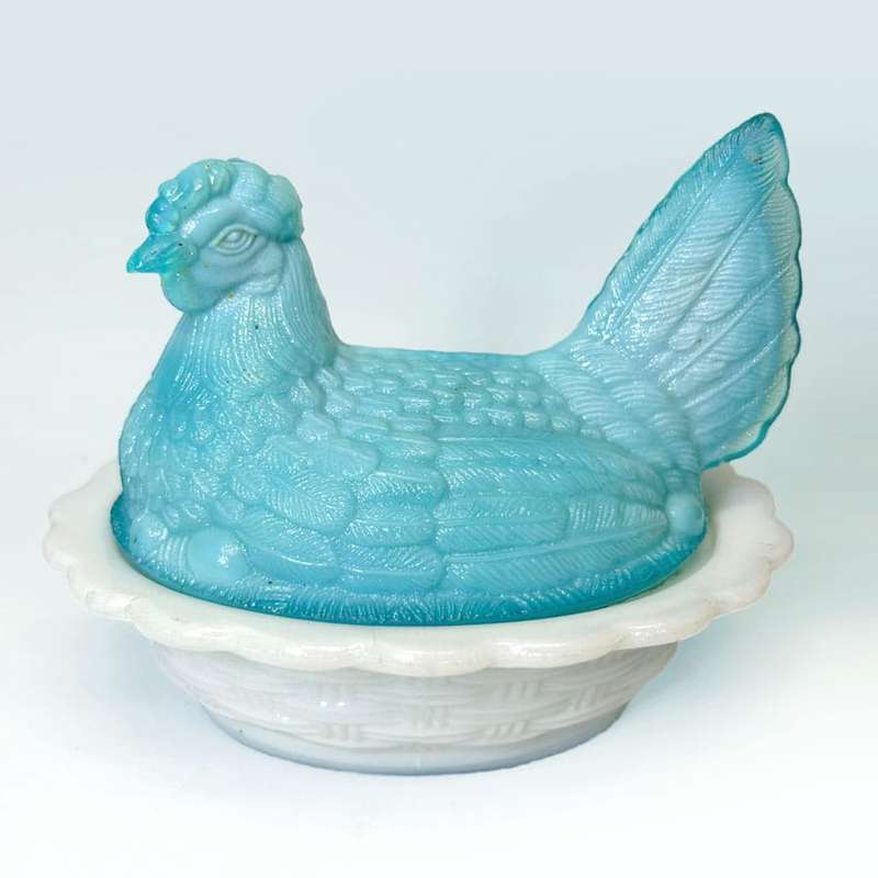 White Indiana Glass Milk and Blue Glass Hen On Nest C1940
