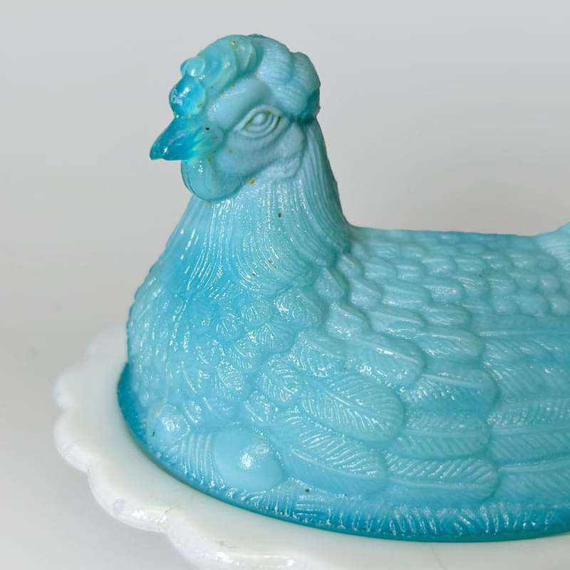 White Indiana Glass Milk and Blue Glass Hen On Nest C1940