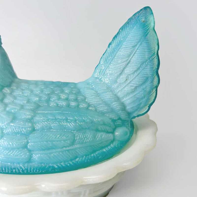 White Indiana Glass Milk and Blue Glass Hen On Nest C1940