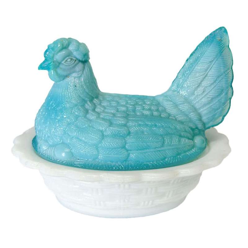 White Indiana Glass Milk and Blue Glass Hen On Nest C1940