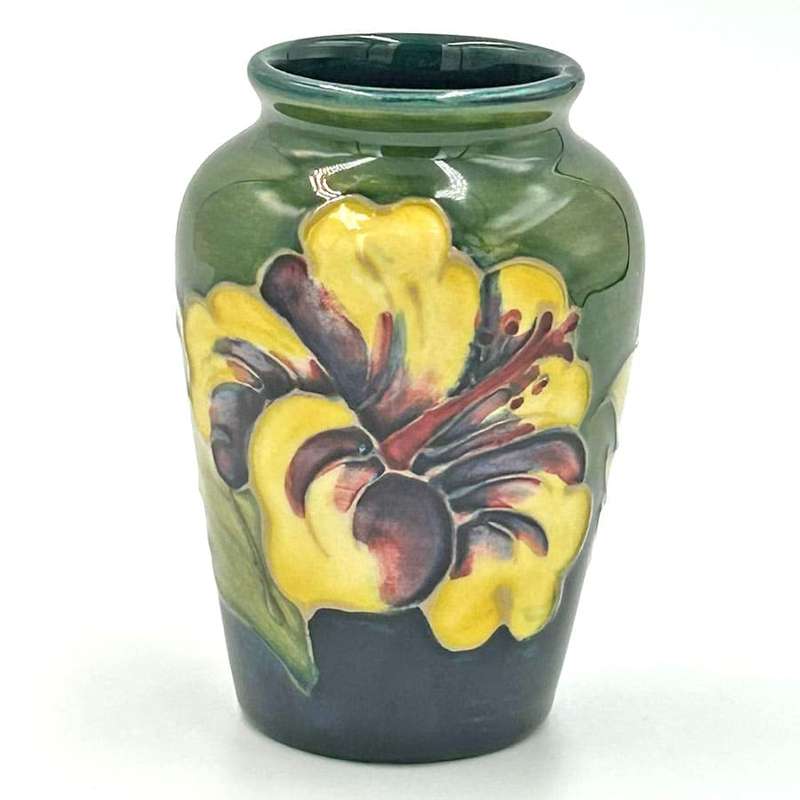 Moorcroft Hibiscus Urn Vase On Green Ground