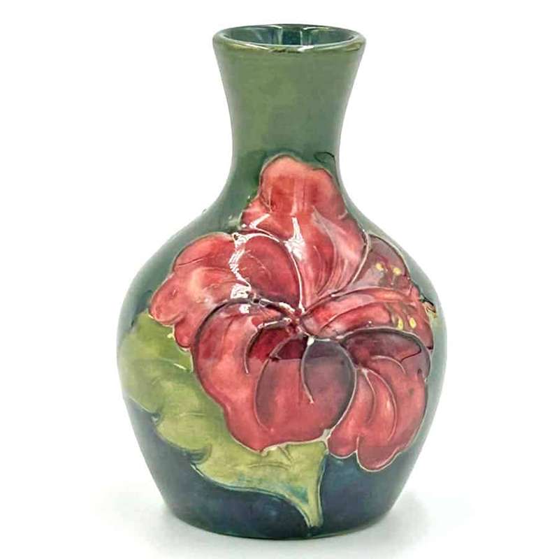Moorcroft Hibiscus Vase On Green Ground