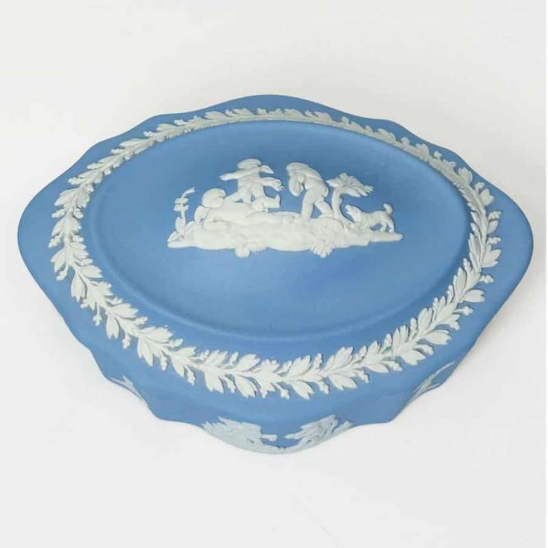 Wedgwood Blue Jasperware Reclining Cherub With Dog Classic Trinket