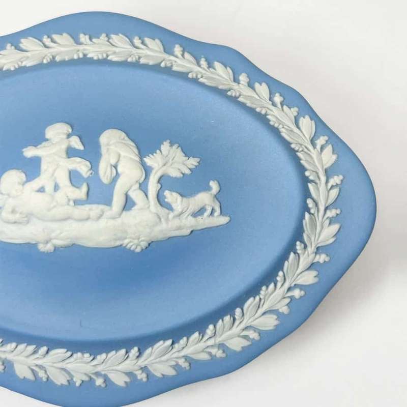 Wedgwood Blue Jasperware Reclining Cherub With Dog Classic Trinket