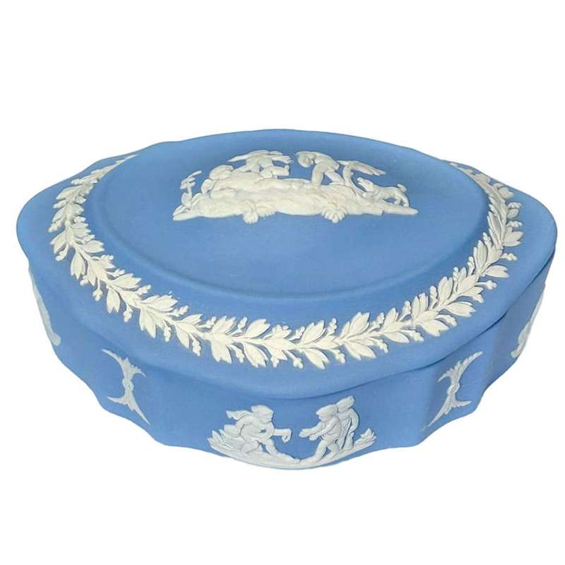 Wedgwood Blue Jasperware Reclining Cherub With Dog Classic Trinket