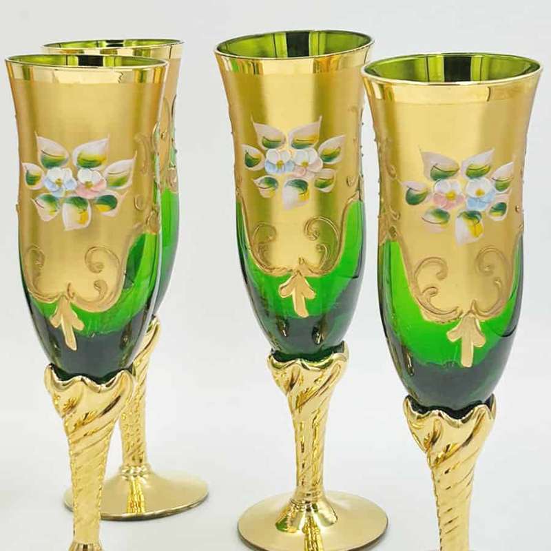 Murano Green And Gold Years Champagne Flutes