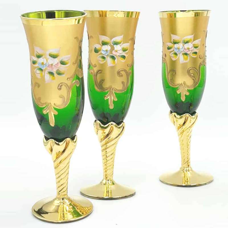 Murano Green And Gold Years Champagne Flutes