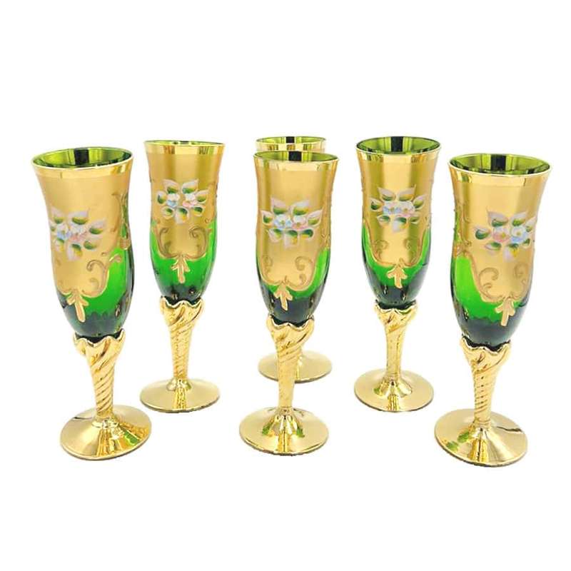 Murano Green And Gold Years Champagne Flutes