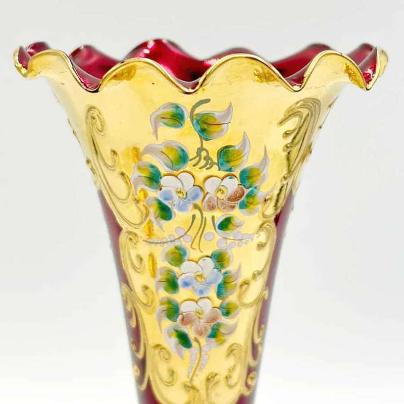 Murano Red And Gold Years Pair Trumpet Vases