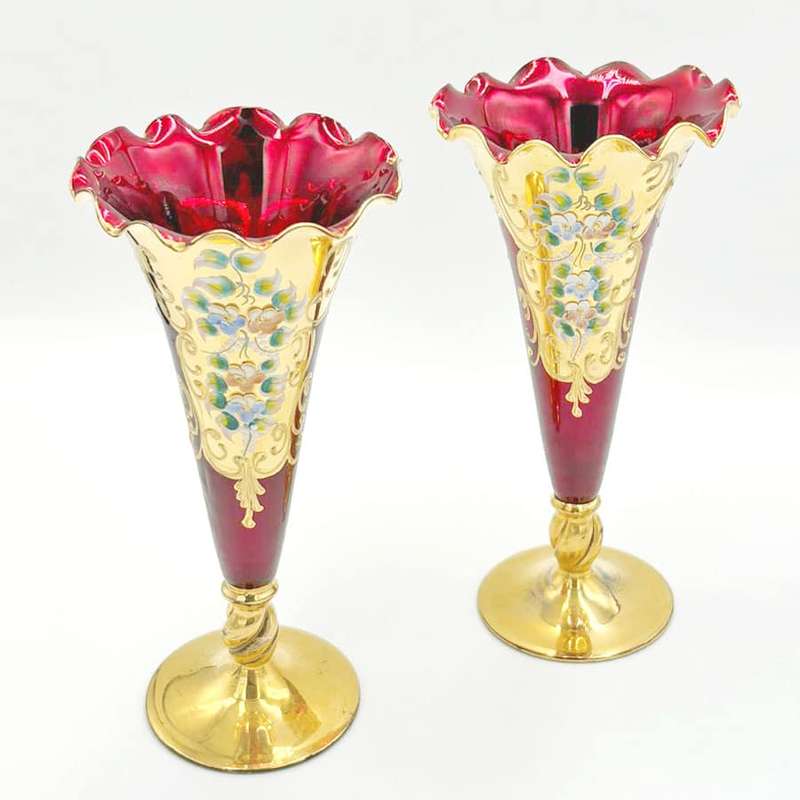 Murano Red And Gold Years Pair Trumpet Vases