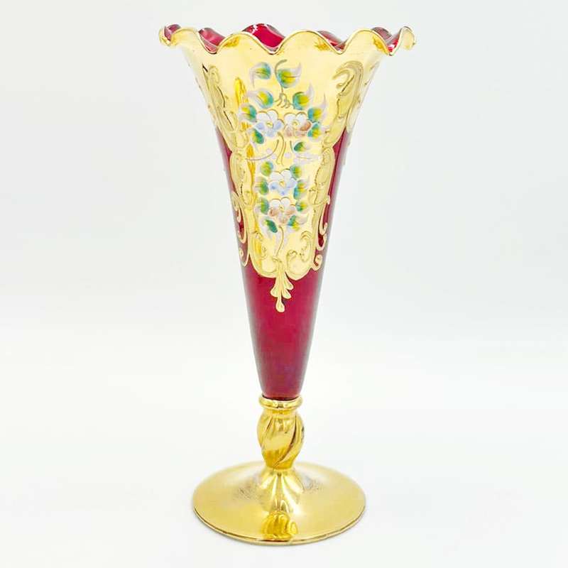 Murano Red And Gold Years Pair Trumpet Vases