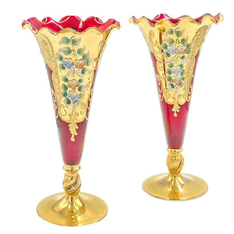 Murano Red And Gold Years Pair Trumpet Vases