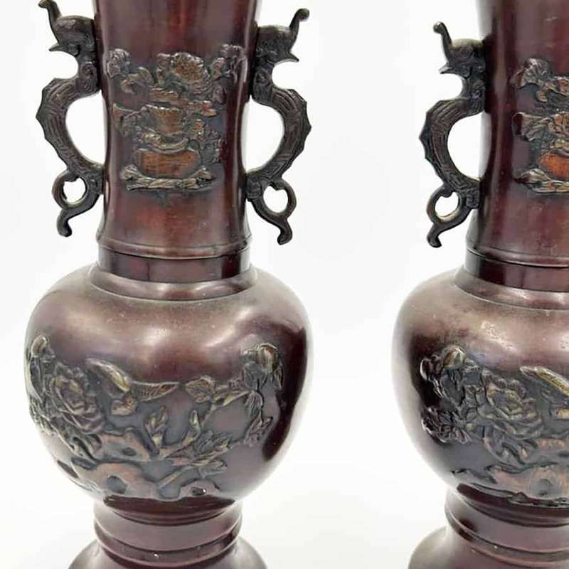 Pair Japanese  Bronze Vases Birds and Foliage in Relief Meiji