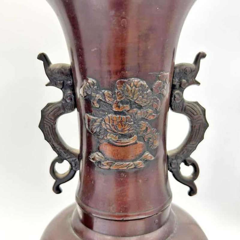 Pair Japanese  Bronze Vases Birds and Foliage in Relief Meiji