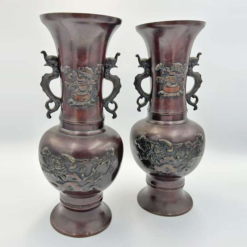 Pair Japanese  Bronze Vases Birds and Foliage in Relief Meiji