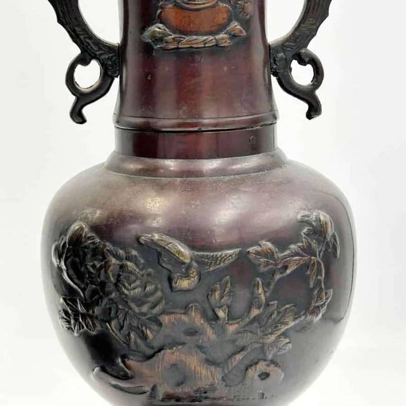 Pair Japanese  Bronze Vases Birds and Foliage in Relief Meiji