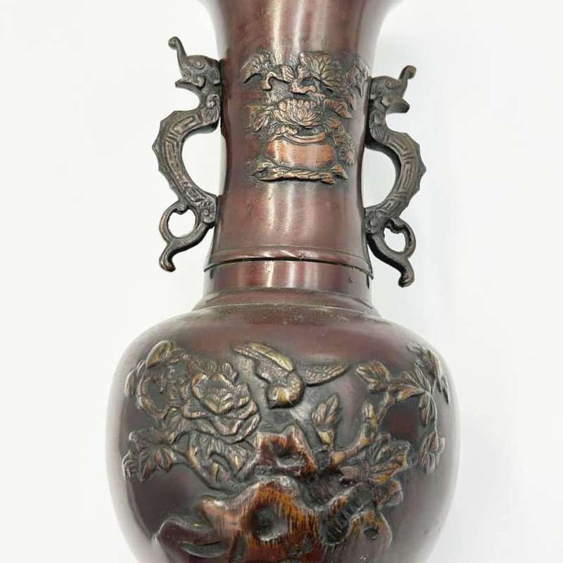 Pair Japanese  Bronze Vases Birds and Foliage in Relief Meiji