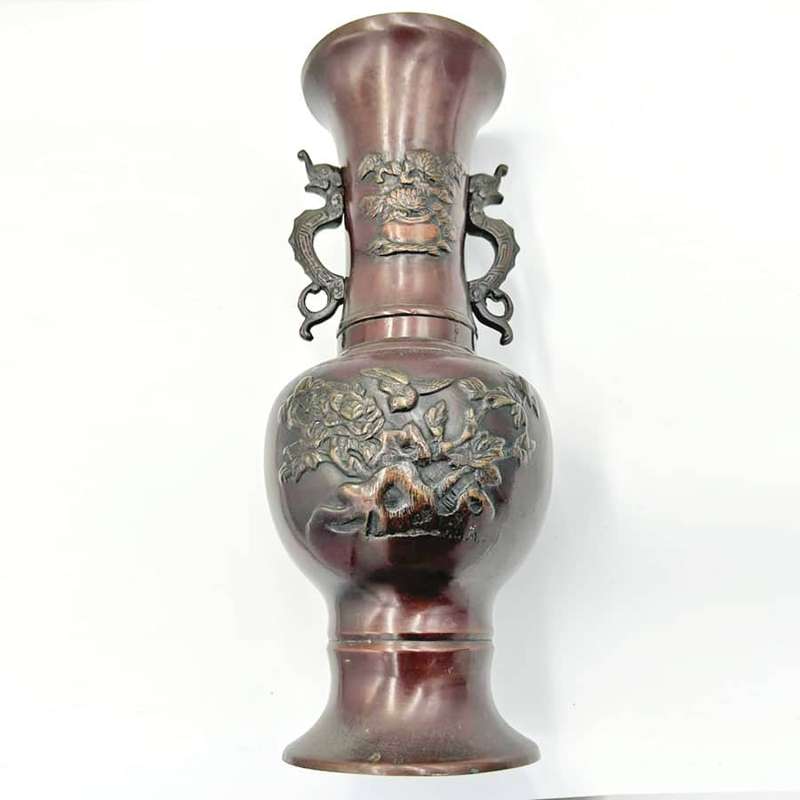 Pair Japanese  Bronze Vases Birds and Foliage in Relief Meiji