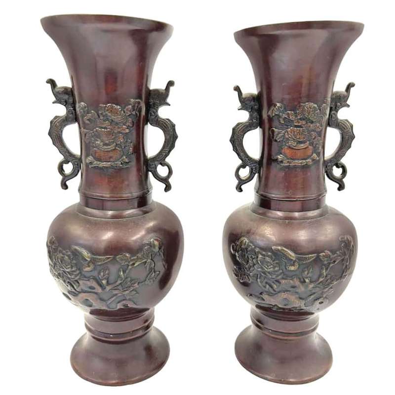 Pair Japanese  Bronze Vases Birds and Foliage in Relief Meiji