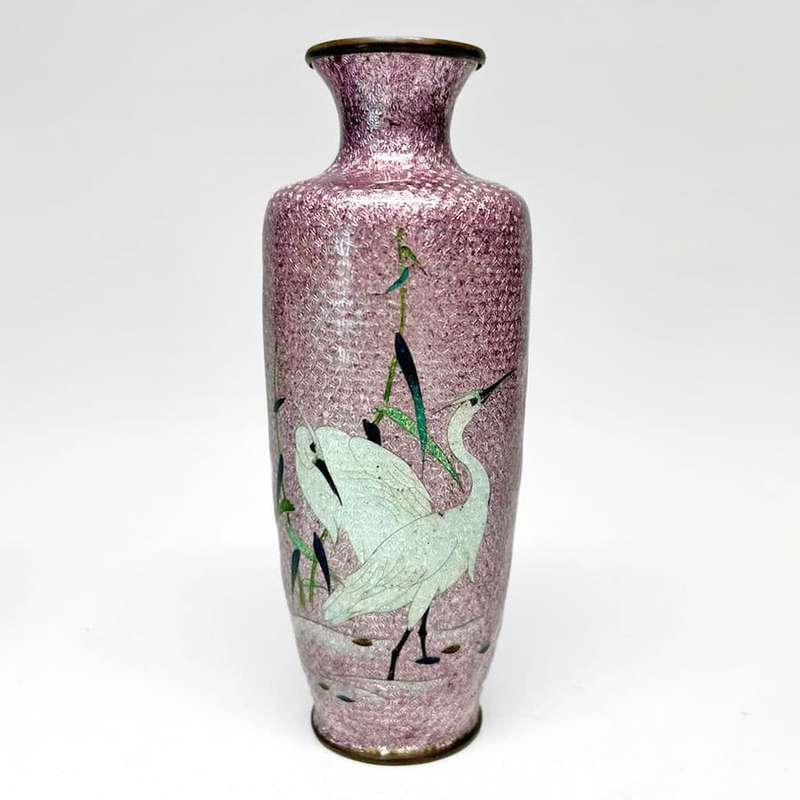 Pair Japanese Egret And Fauna Cloisonne Vases Meiji