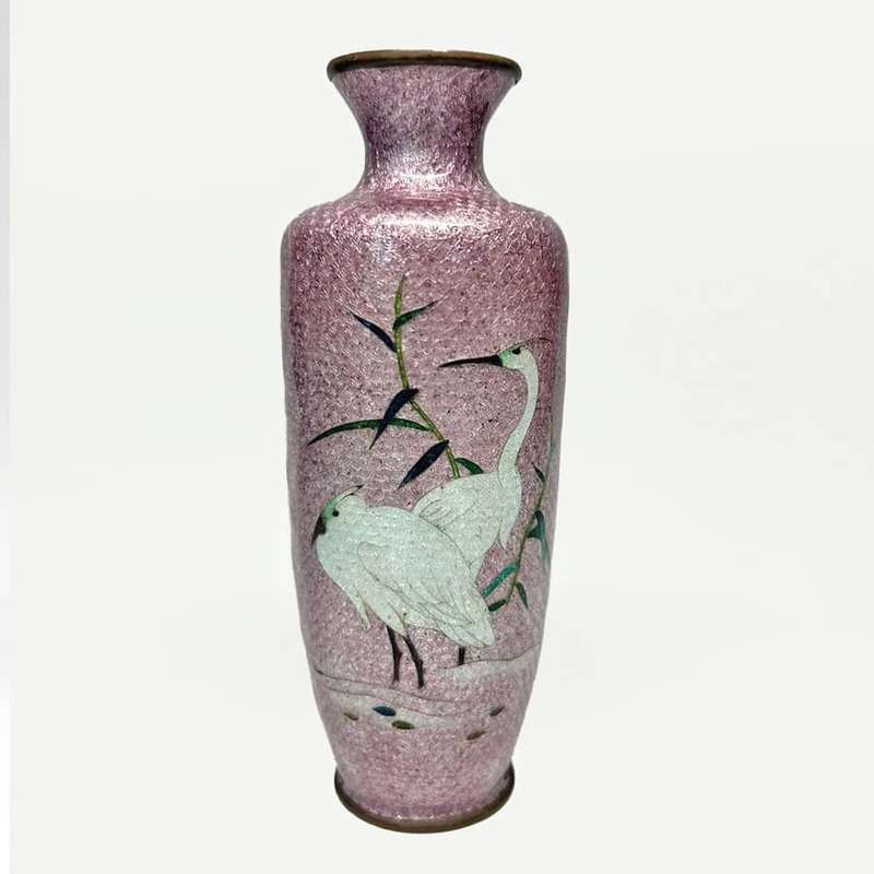 Pair Japanese Egret And Fauna Cloisonne Vases Meiji