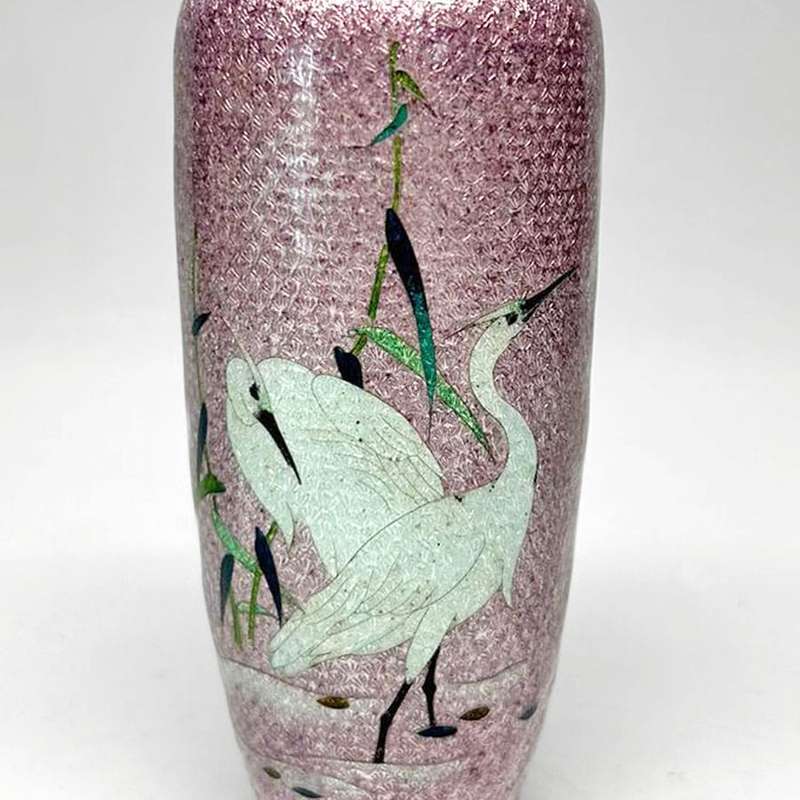 Pair Japanese Egret And Fauna Cloisonne Vases Meiji
