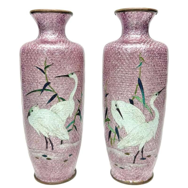 Pair Japanese Egret And Fauna Cloisonne Vases Meiji
