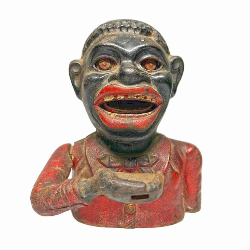 Cast Iron Black Man Coin Bank Red Jacket