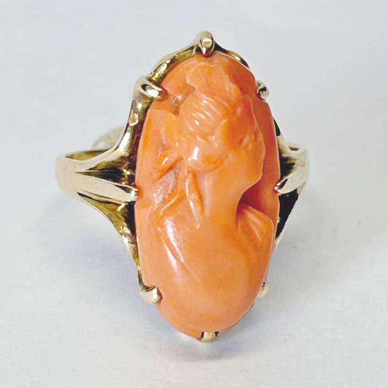 Coral Cameo Ring Set In 10ct Gold
