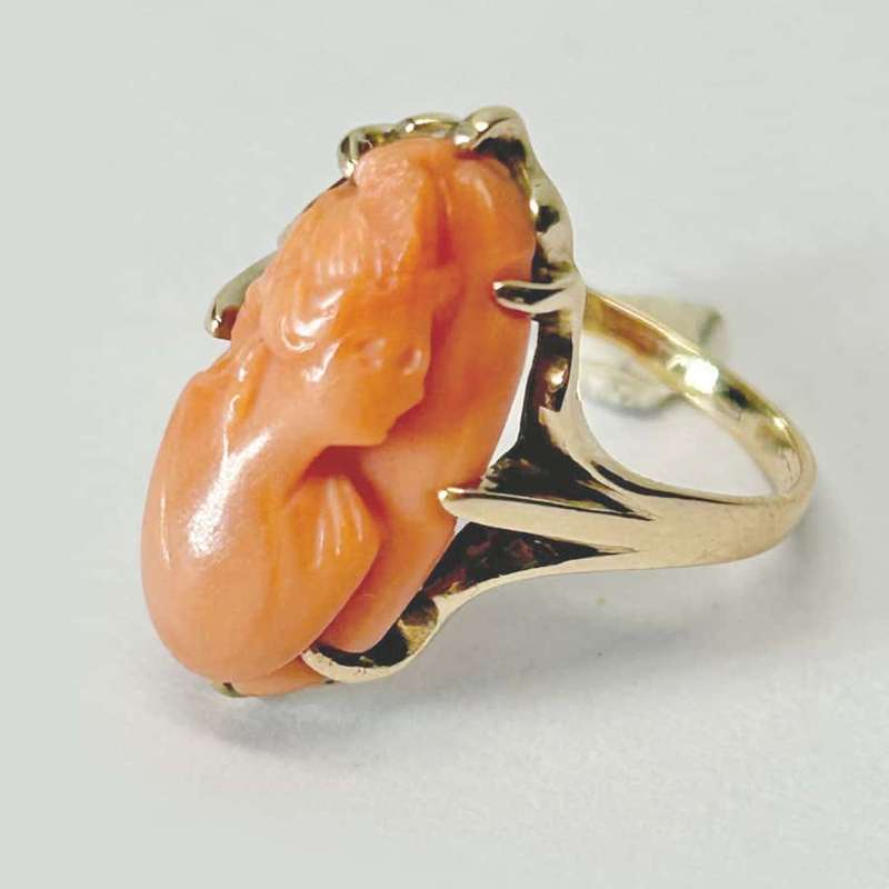 Coral Cameo Ring Set In 10ct Gold