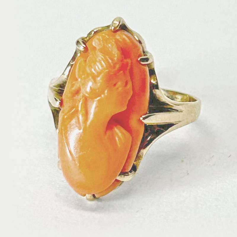 Coral Cameo Ring Set In 10ct Gold