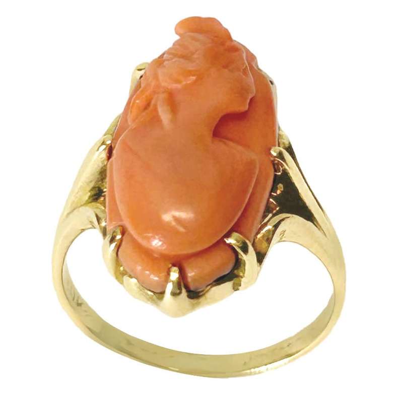 Coral Cameo Ring Set In 10ct Gold