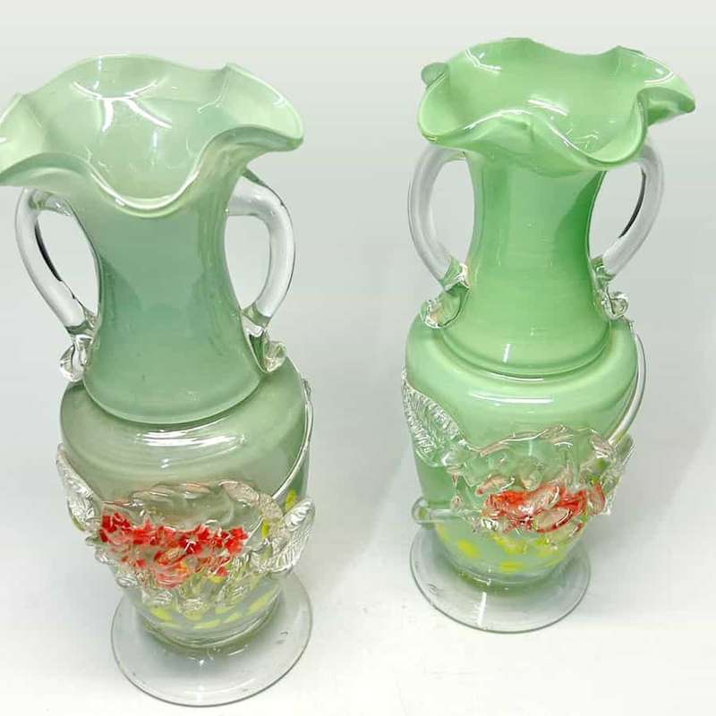 Murano Italy Pair Green Glass Vases With Applied Flower and Leaves 20th