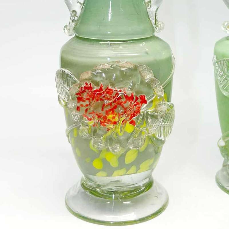 Murano Italy Pair Green Glass Vases With Applied Flower and Leaves 20th
