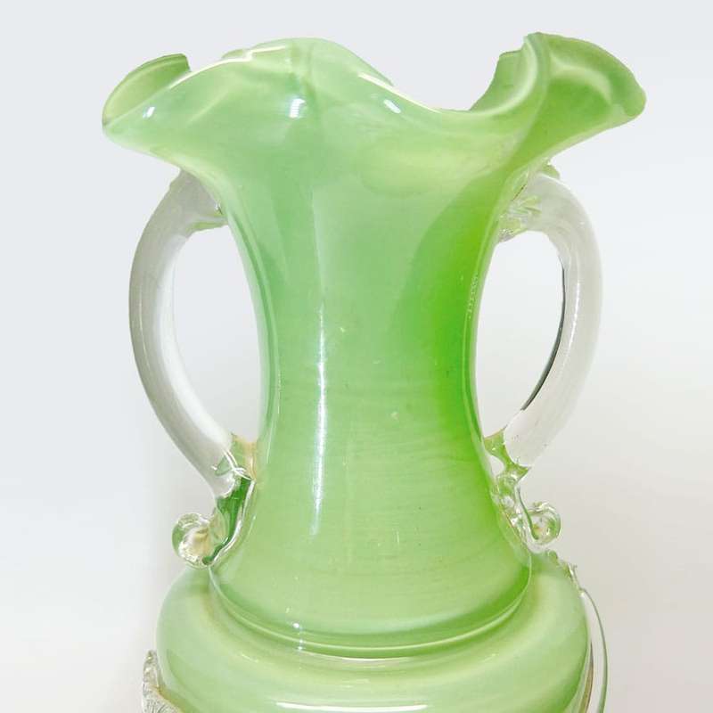 Murano Italy Pair Green Glass Vases With Applied Flower and Leaves 20th
