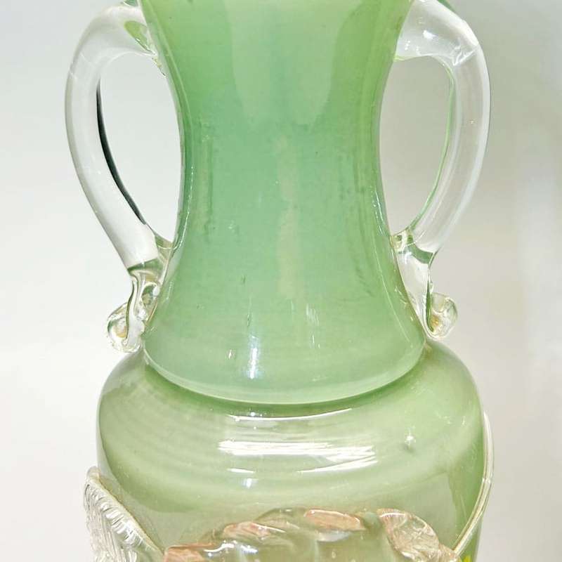 Murano Italy Pair Green Glass Vases With Applied Flower and Leaves 20th