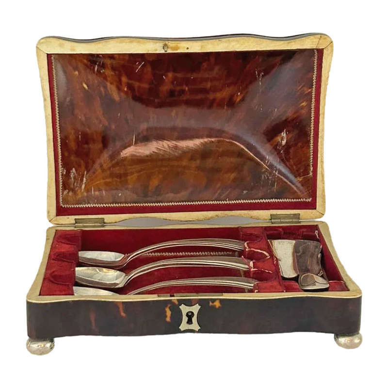 Hallmarked Silver and Tortoiseshell Box With Dutch Silver Tea Spoon Set