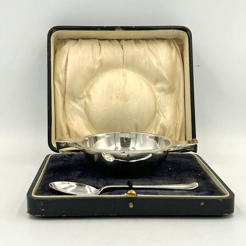 Hallmarked Silver Christening Porringer and Spoon Birmingham 1946